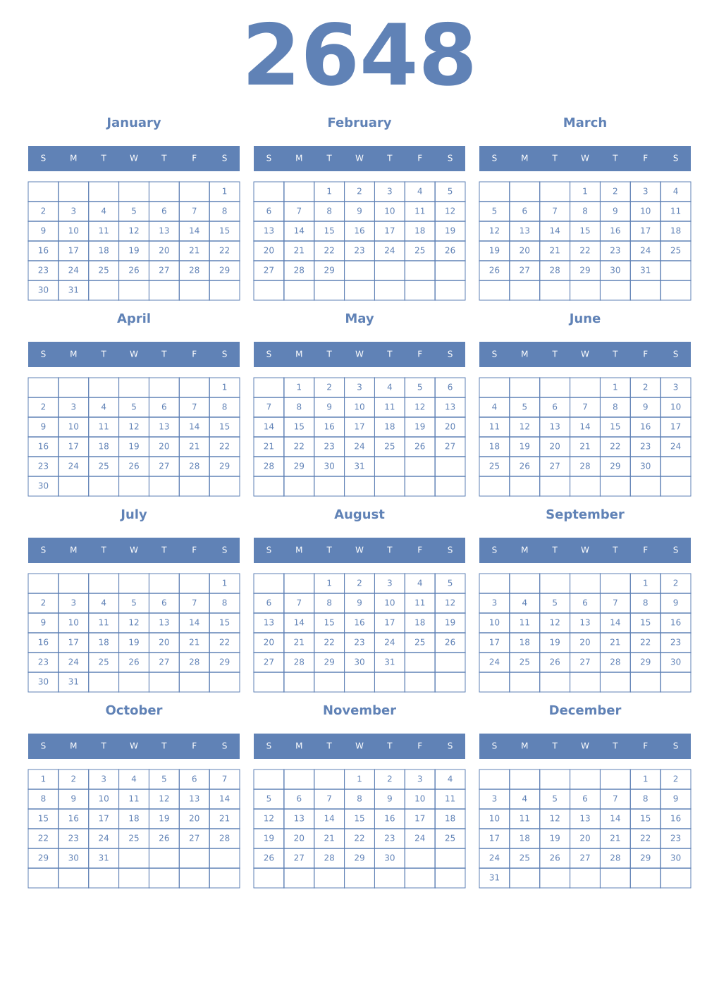 Printable 2648 Year Calendars glaucous