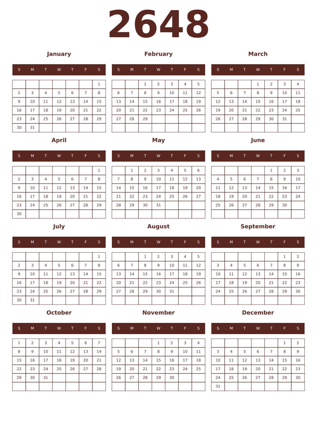 Printable 2648 Year Calendars mortuum