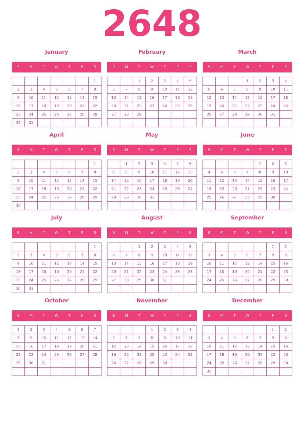 Printable 2648 Year Calendars pink