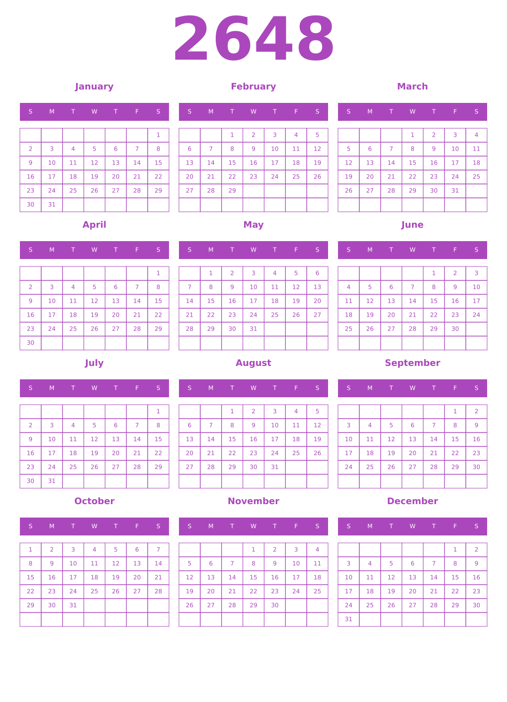 Printable 2648 Year Calendars purple