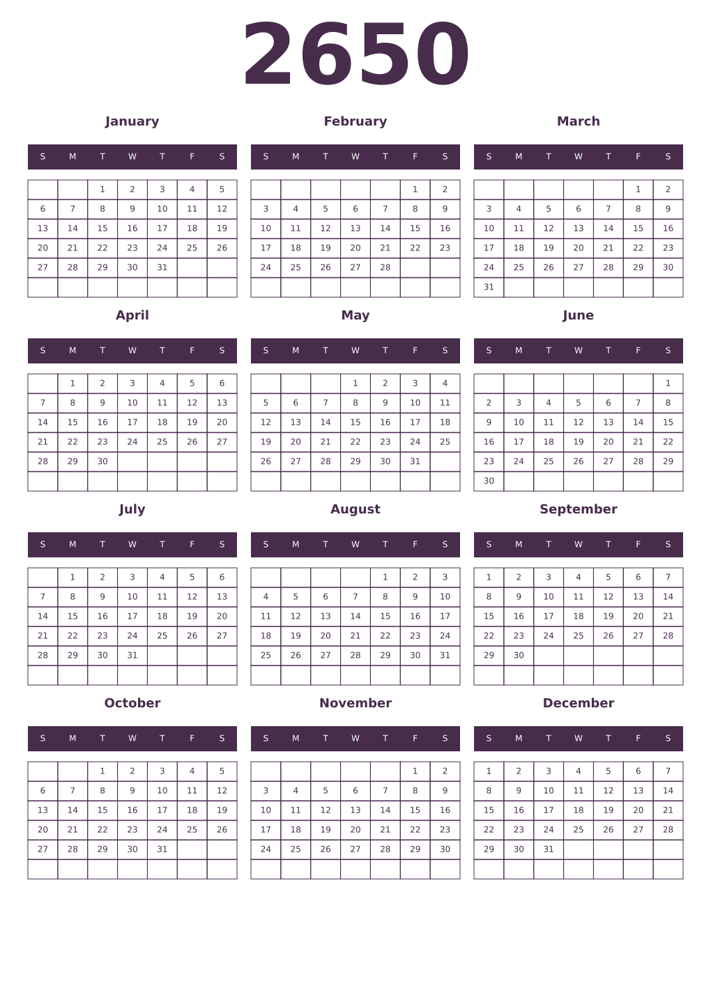 Printable 2650 Year Calendars aubergine