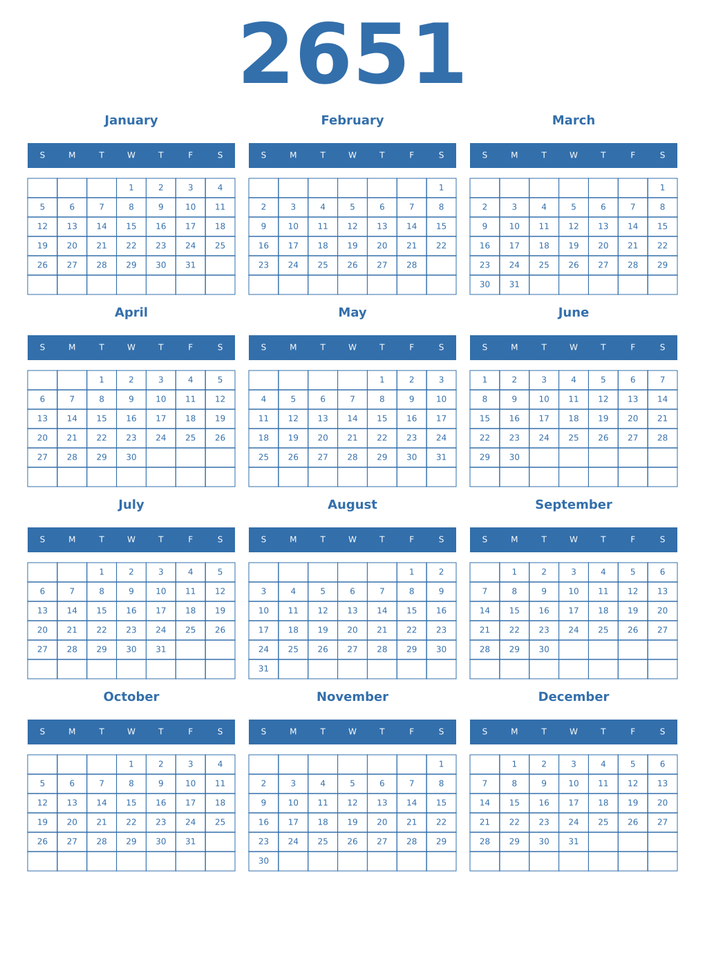 Printable 2651 Year Calendars blue