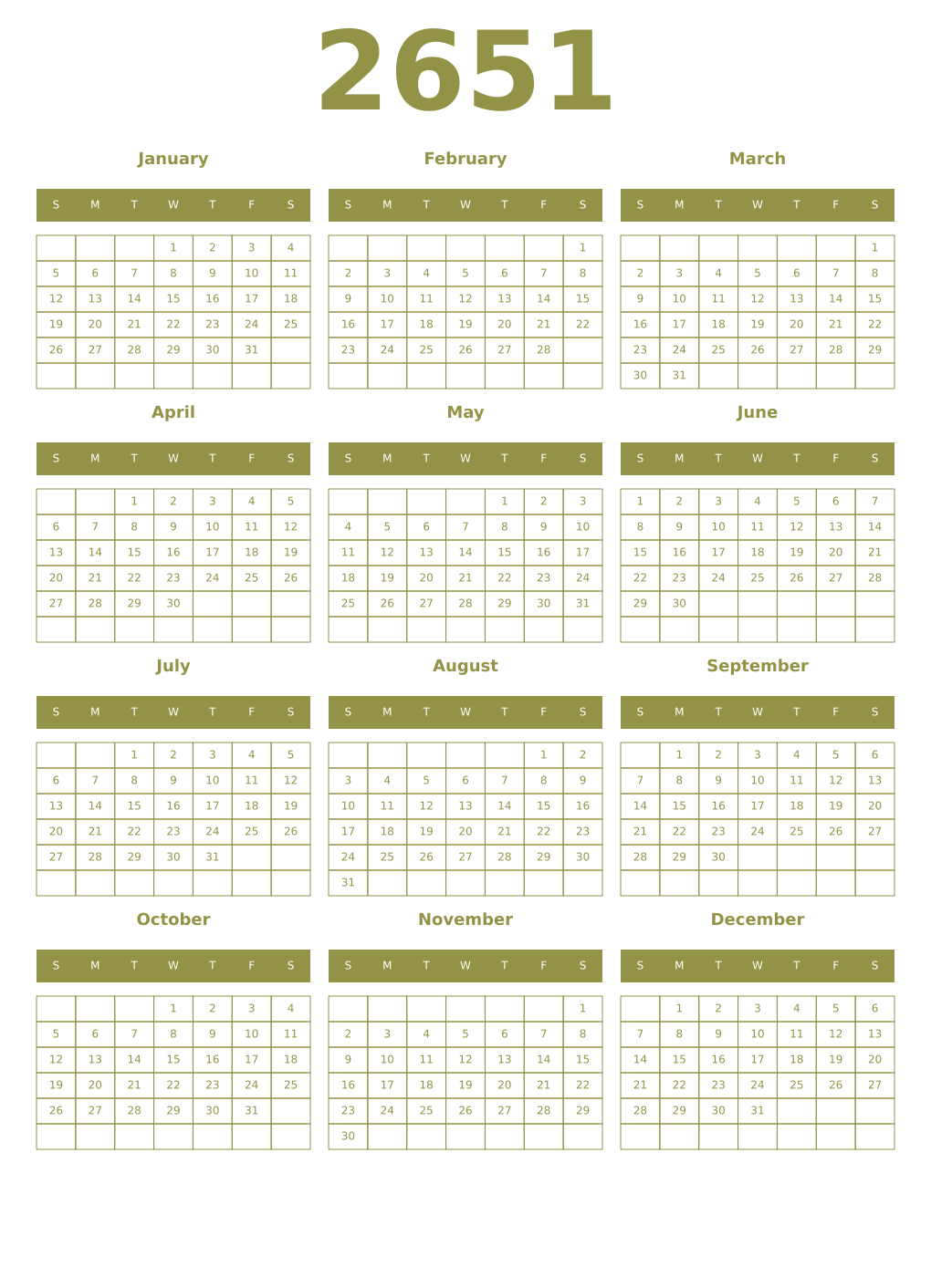 Printable 2651 Year Calendars eburnean