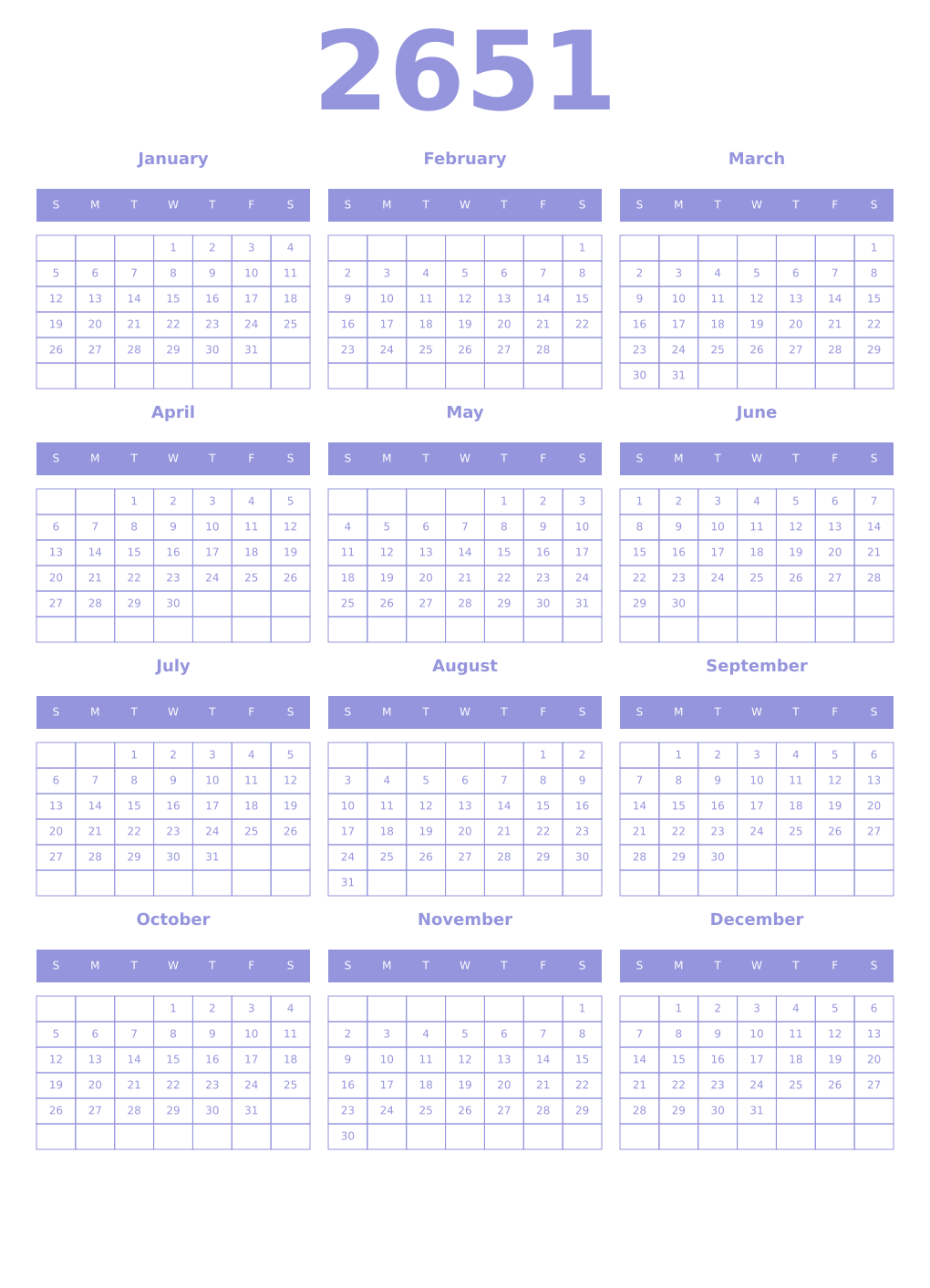 Printable 2651 Year Calendars periwinkle