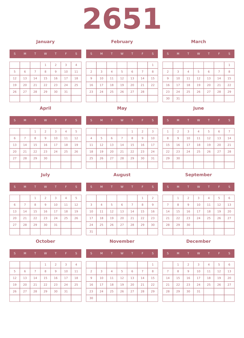 Printable 2651 Year Calendars puce
