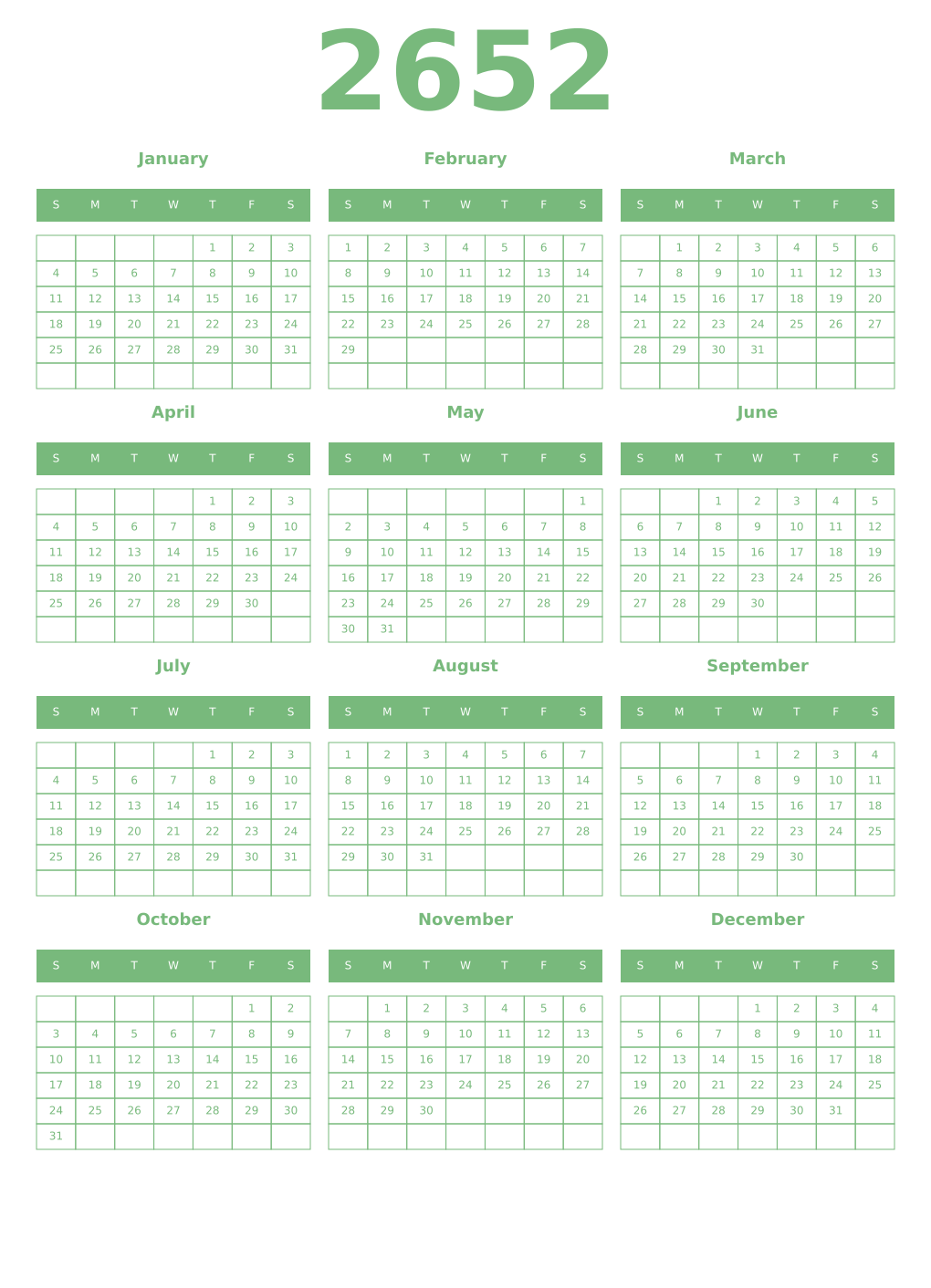 Printable 2652 Year Calendars celadon