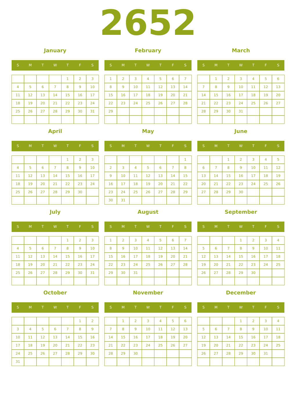 Printable 2652 Year Calendars chartreuse