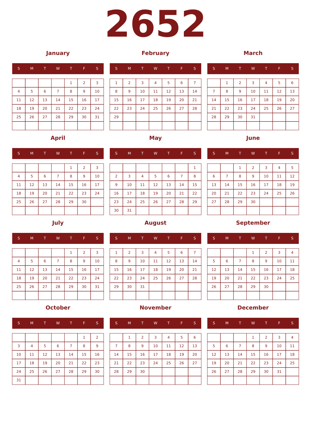Printable 2652 Year Calendars falu