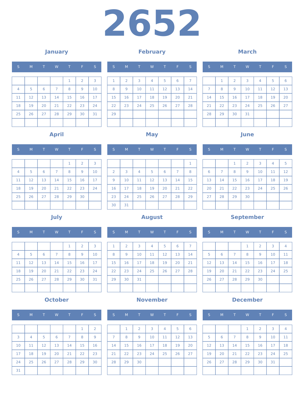 Printable 2652 Year Calendars glaucous