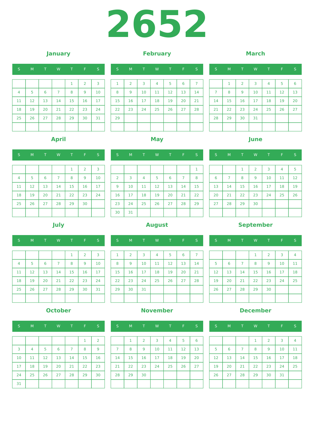 Printable 2652 Year Calendars green