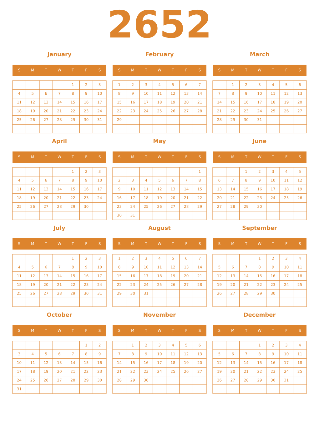 Printable 2652 Year Calendars orange