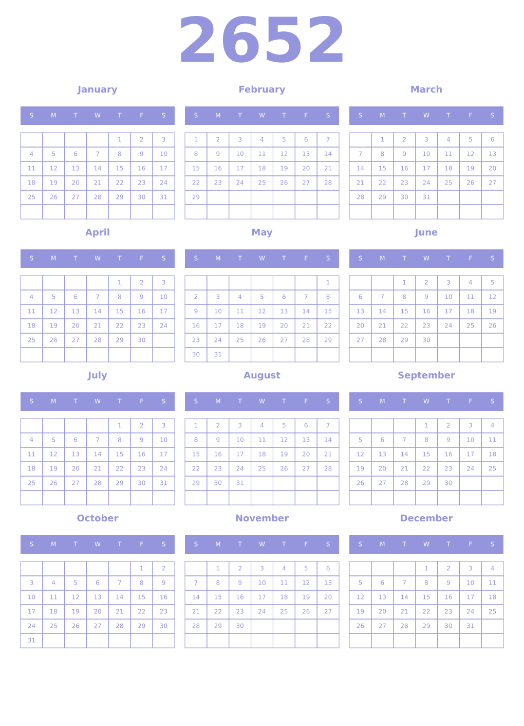 Printable 2652 Year Calendars periwinkle