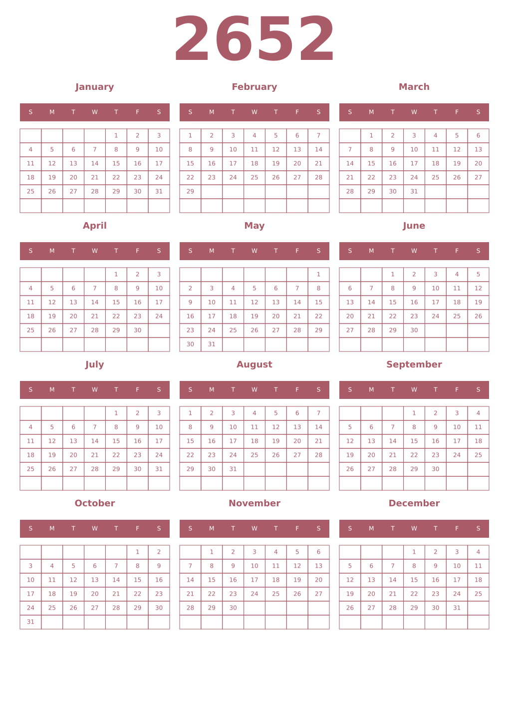 Printable 2652 Year Calendars puce