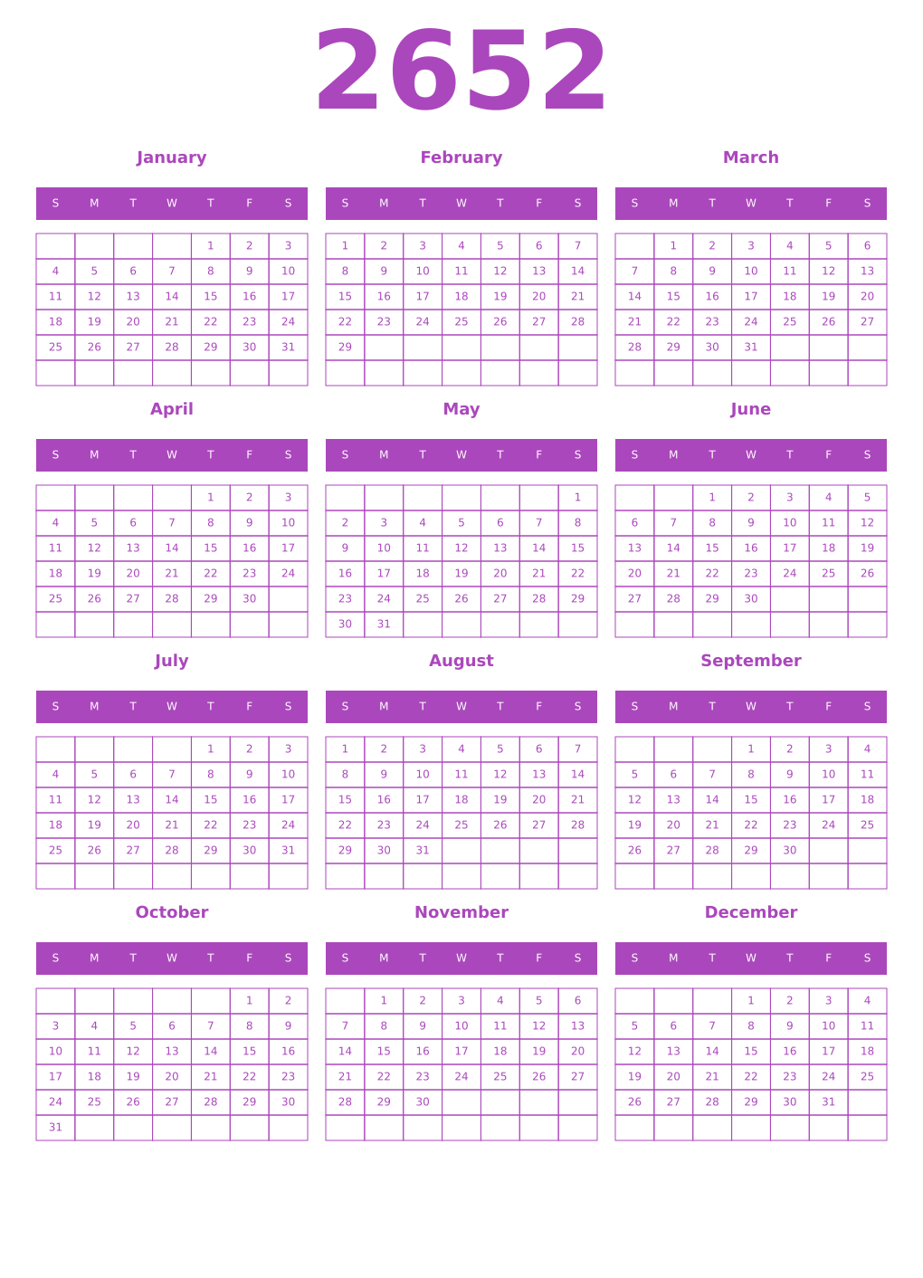 Printable 2652 Year Calendars purple