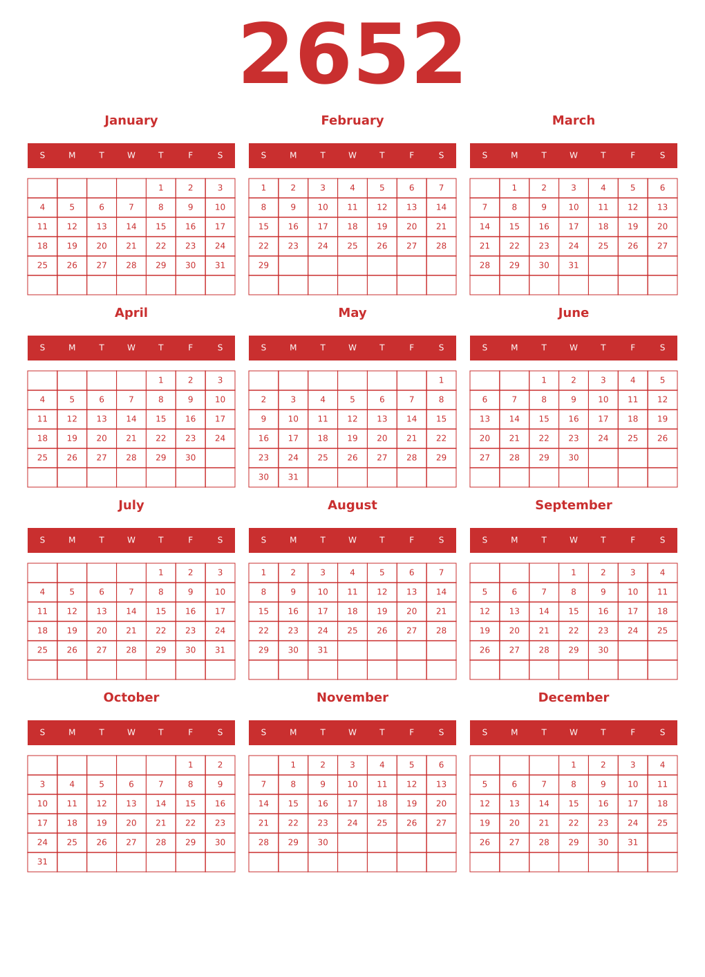 Printable 2652 Year Calendars red