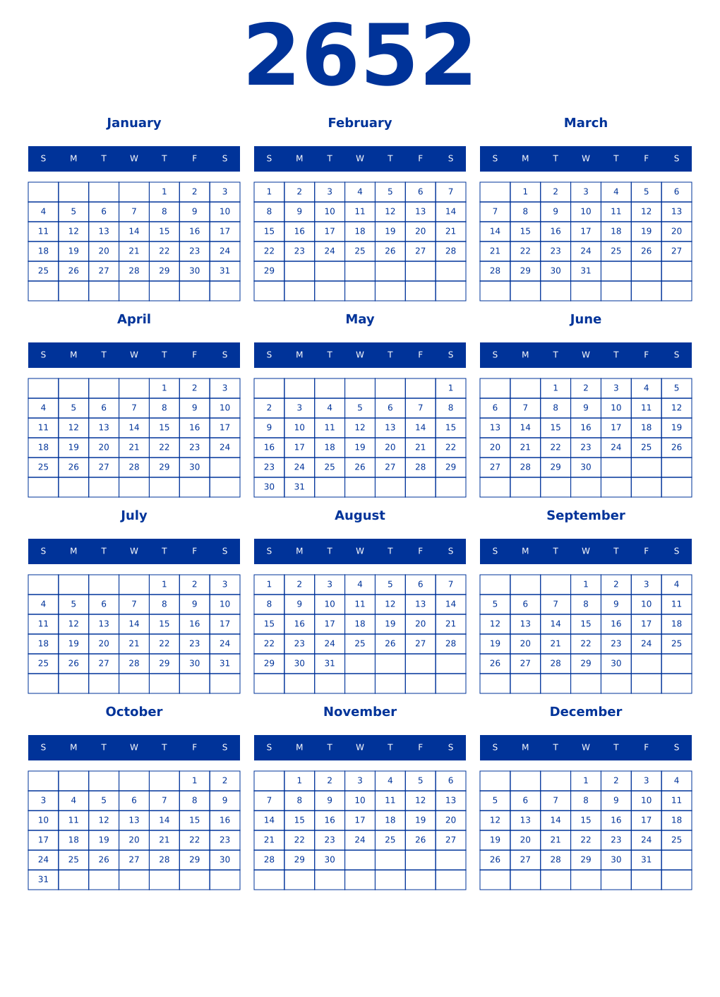 Printable 2652 Year Calendars smalt