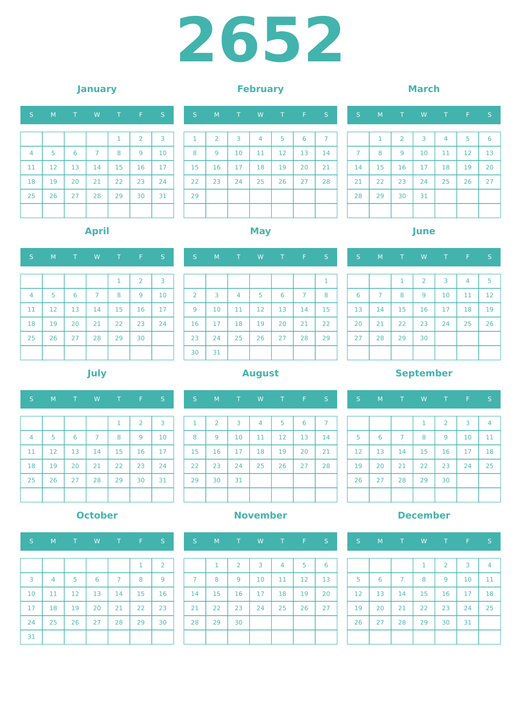 Printable 2652 Year Calendars verdigris