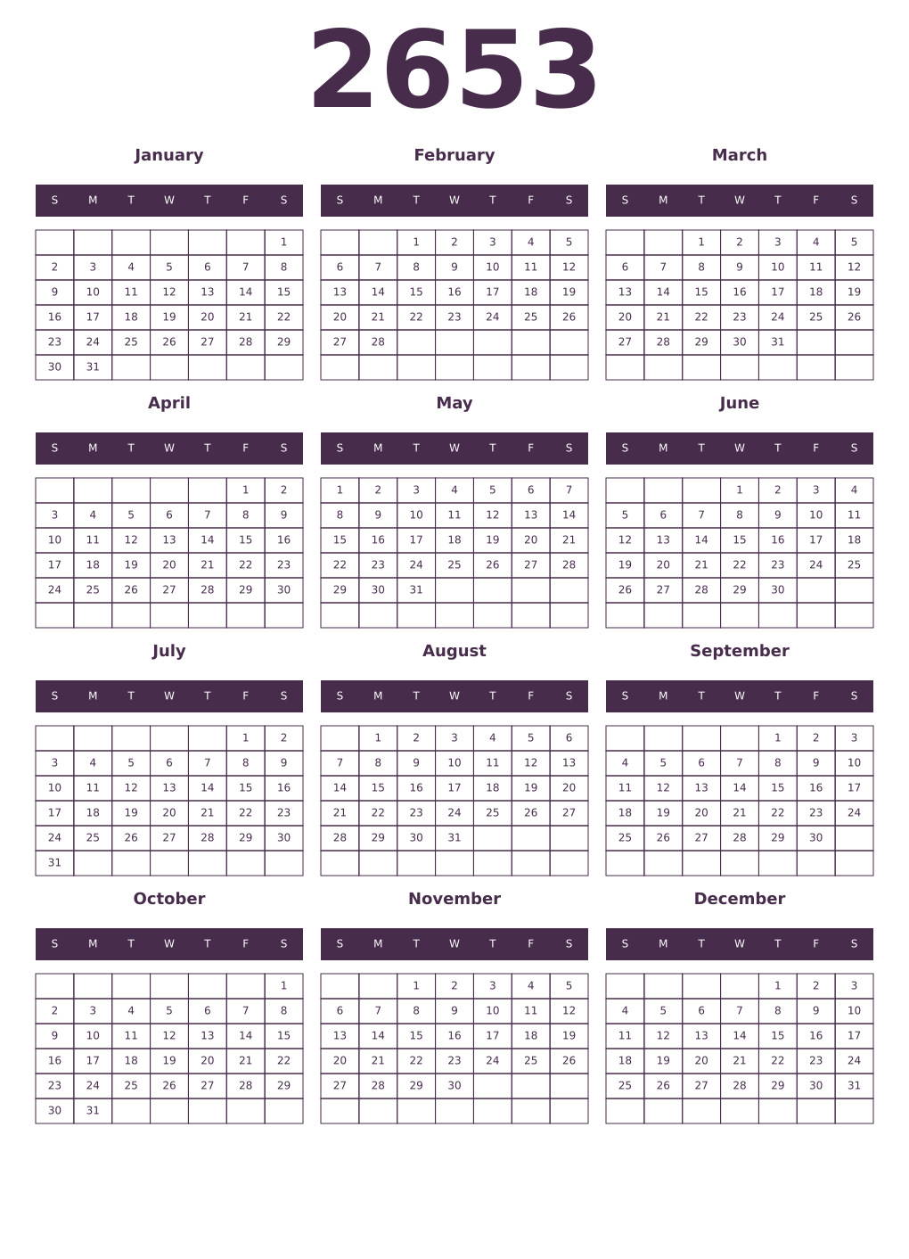 Printable 2653 Year Calendars aubergine