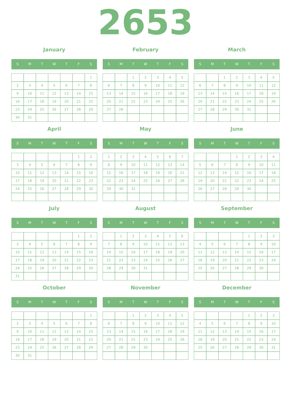 Printable 2653 Year Calendars celadon