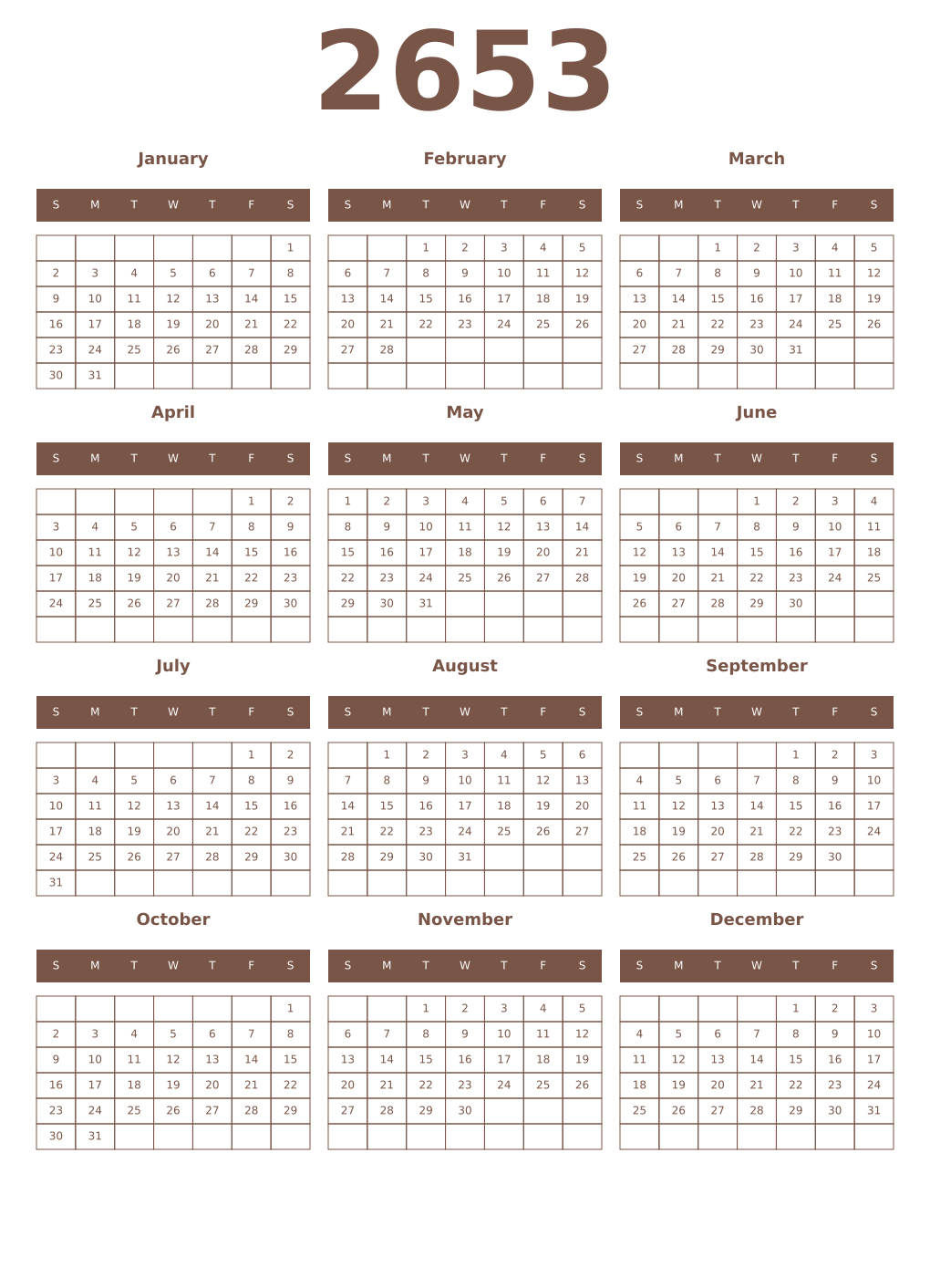 Printable 2653 Year Calendars coffe