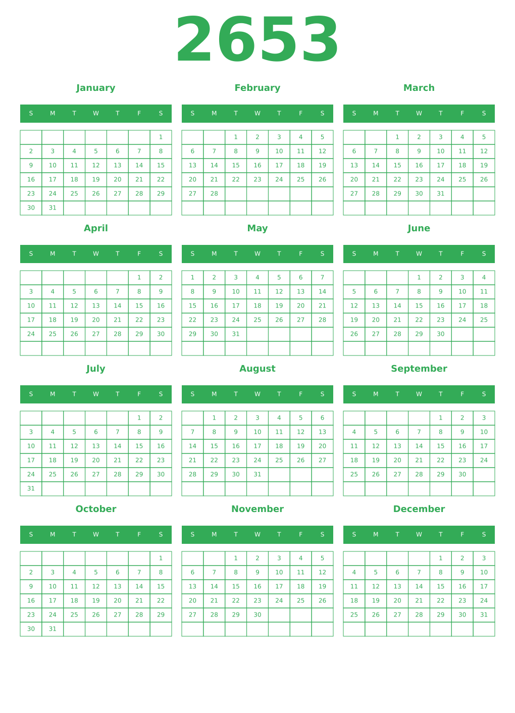Printable 2653 Year Calendars green