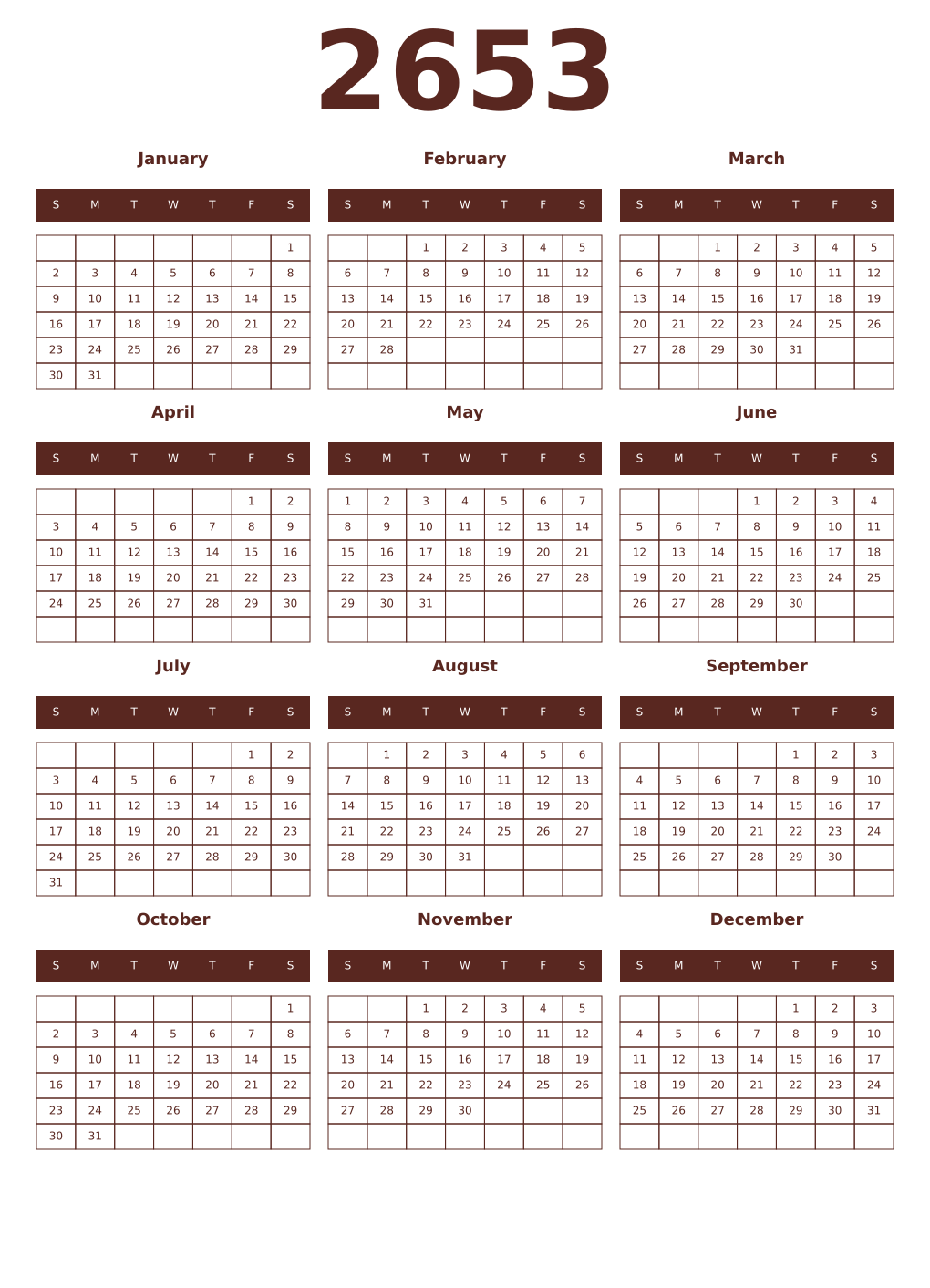 Printable 2653 Year Calendars mortuum