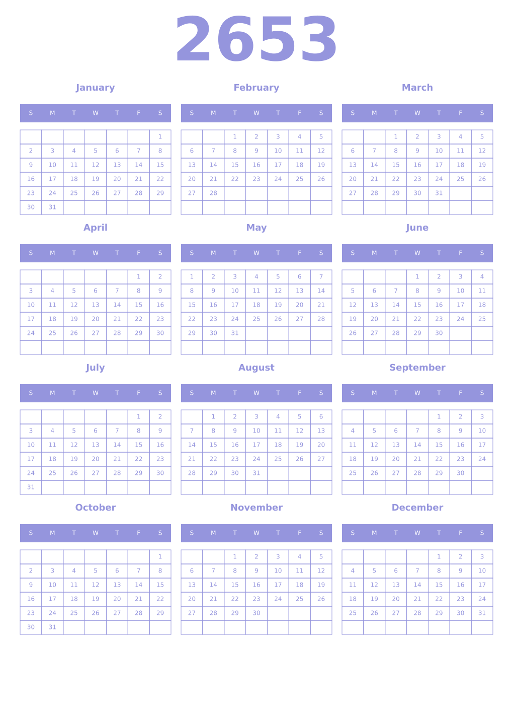 Printable 2653 Year Calendars periwinkle
