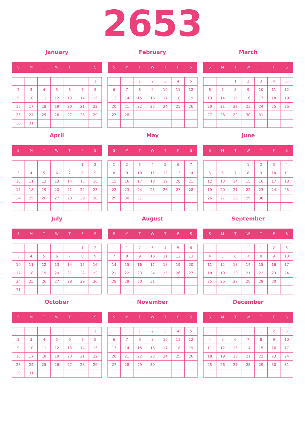 Printable 2653 Year Calendars pink