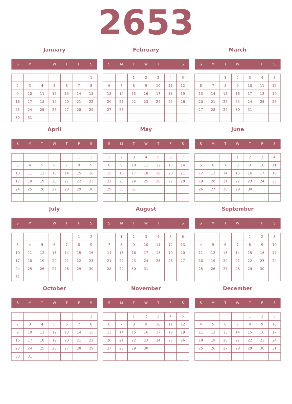 Printable 2653 Year Calendars puce
