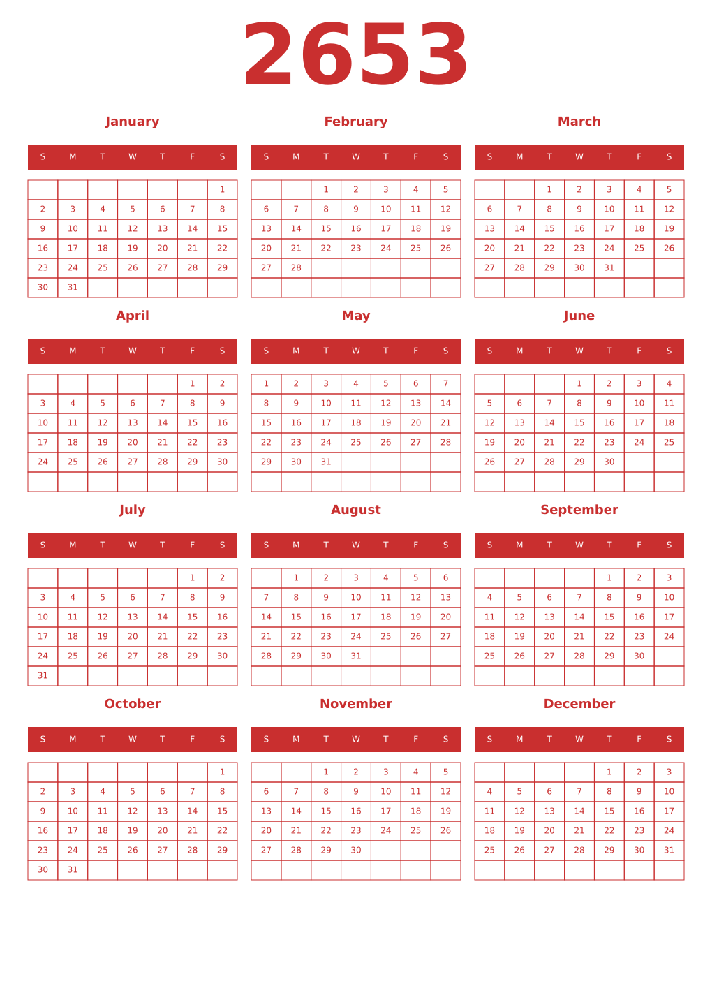 Printable 2653 Year Calendars red