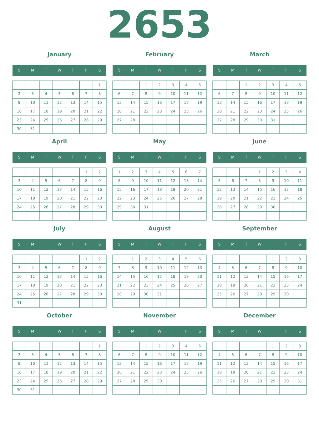 Printable 2653 Year Calendars viridian