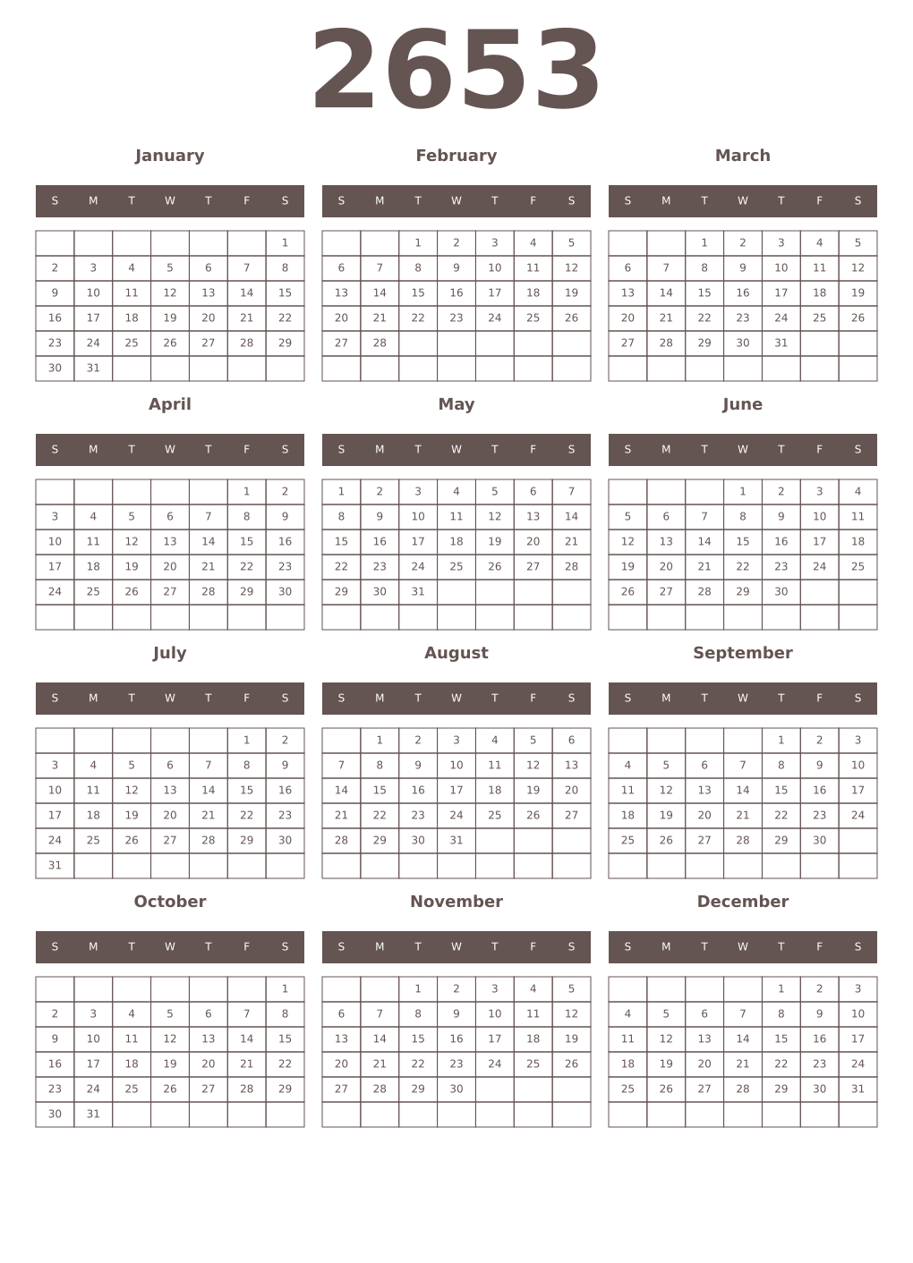 Printable 2653 Year Calendars wenge