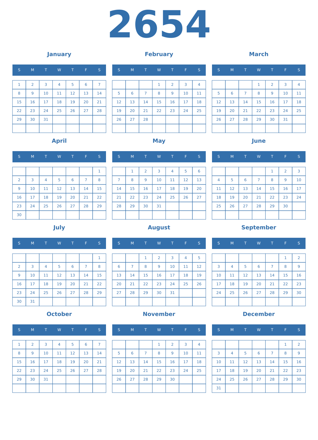 Printable 2654 Year Calendars blue