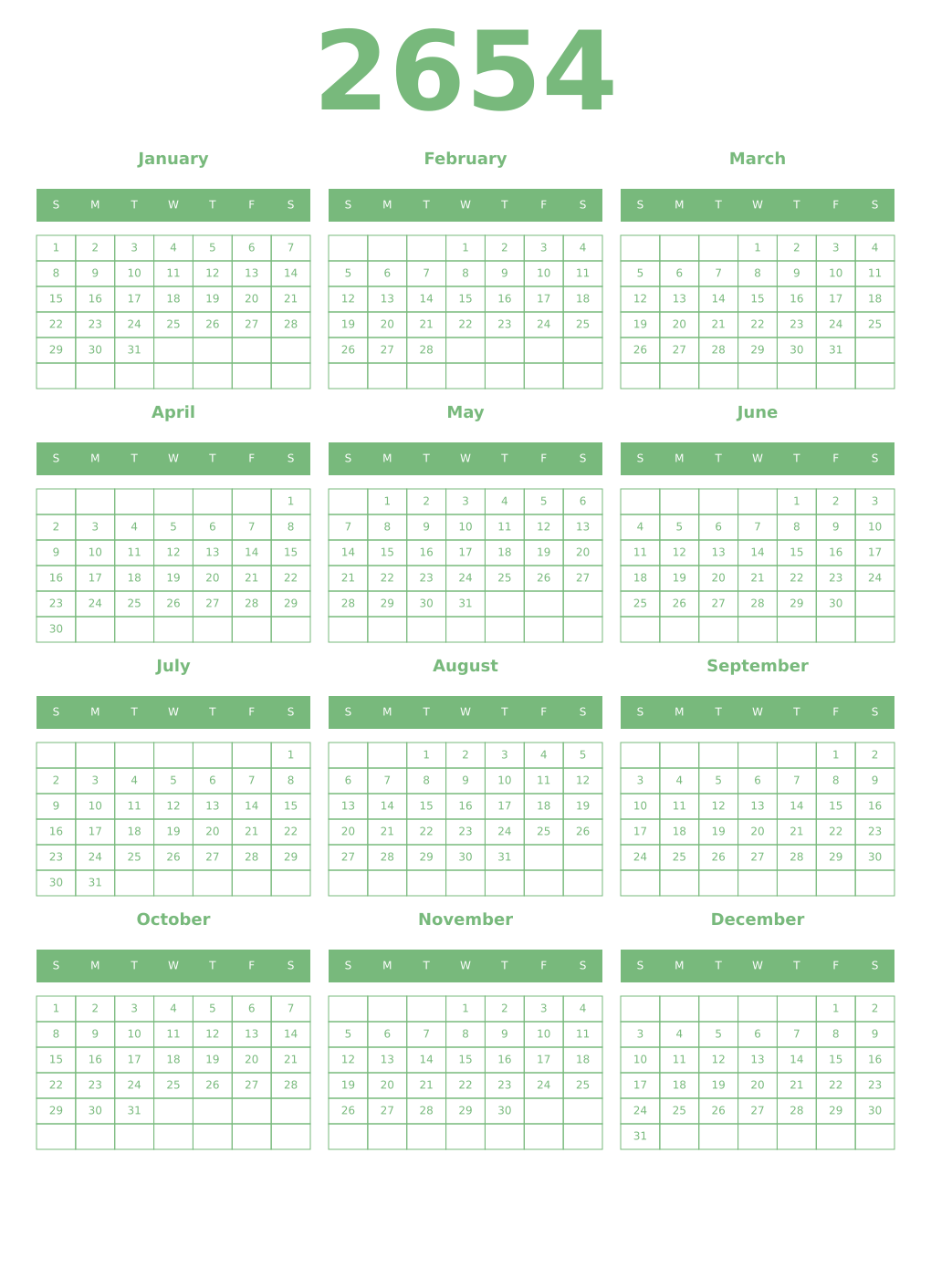 Printable 2654 Year Calendars celadon