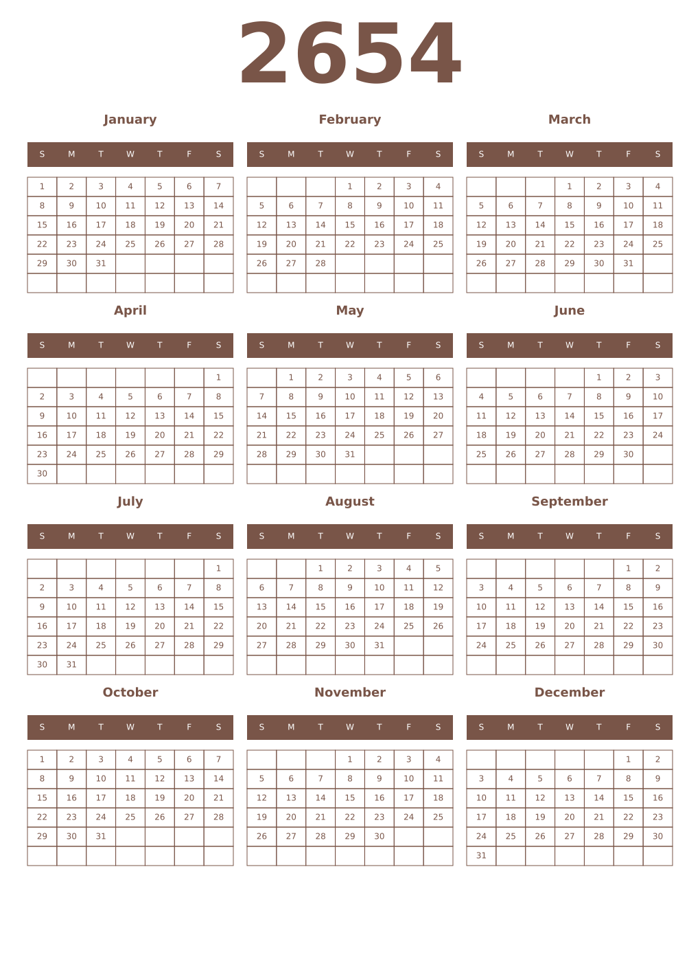 Printable 2654 Year Calendars coffe