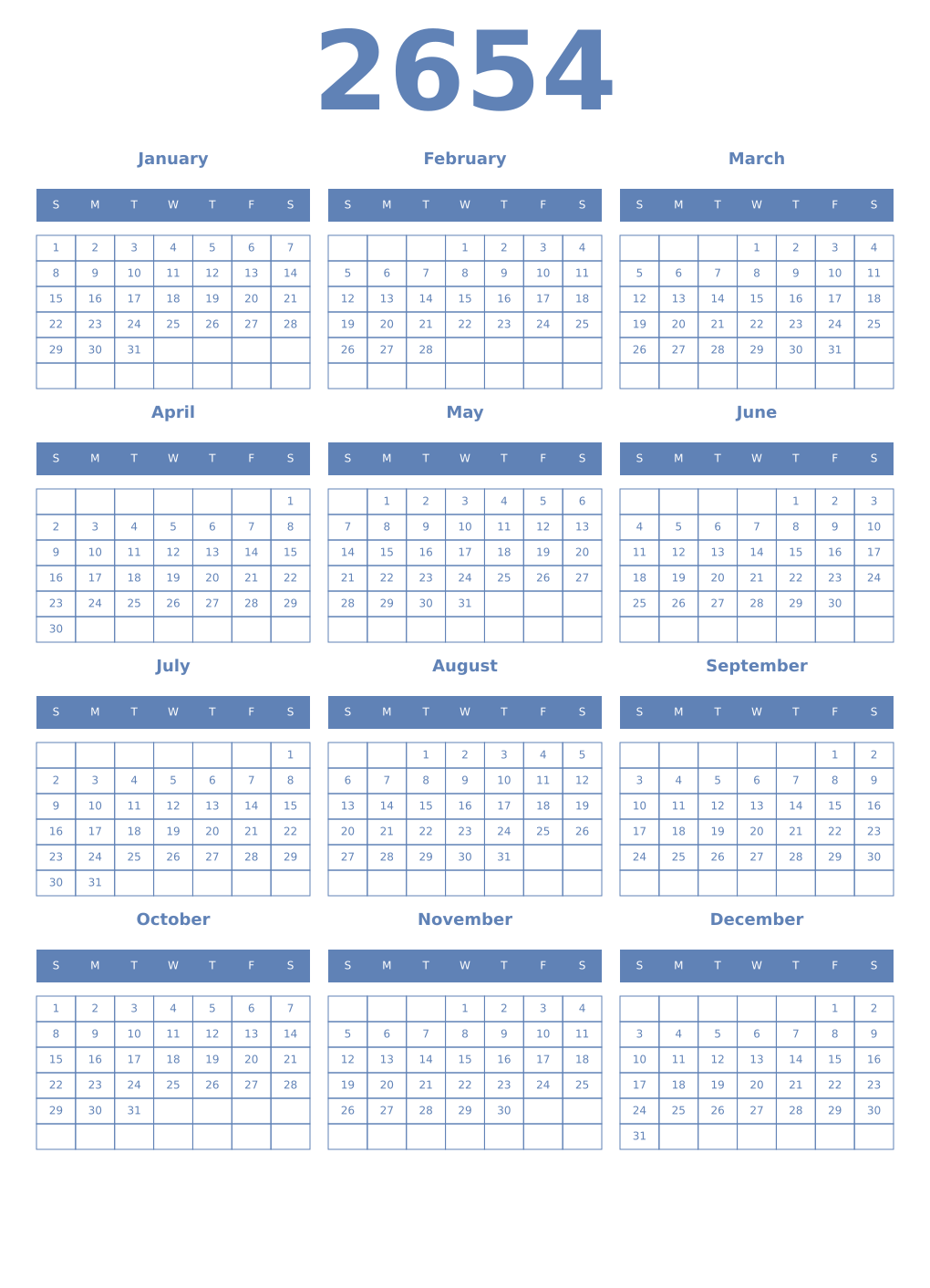 Printable 2654 Year Calendars glaucous