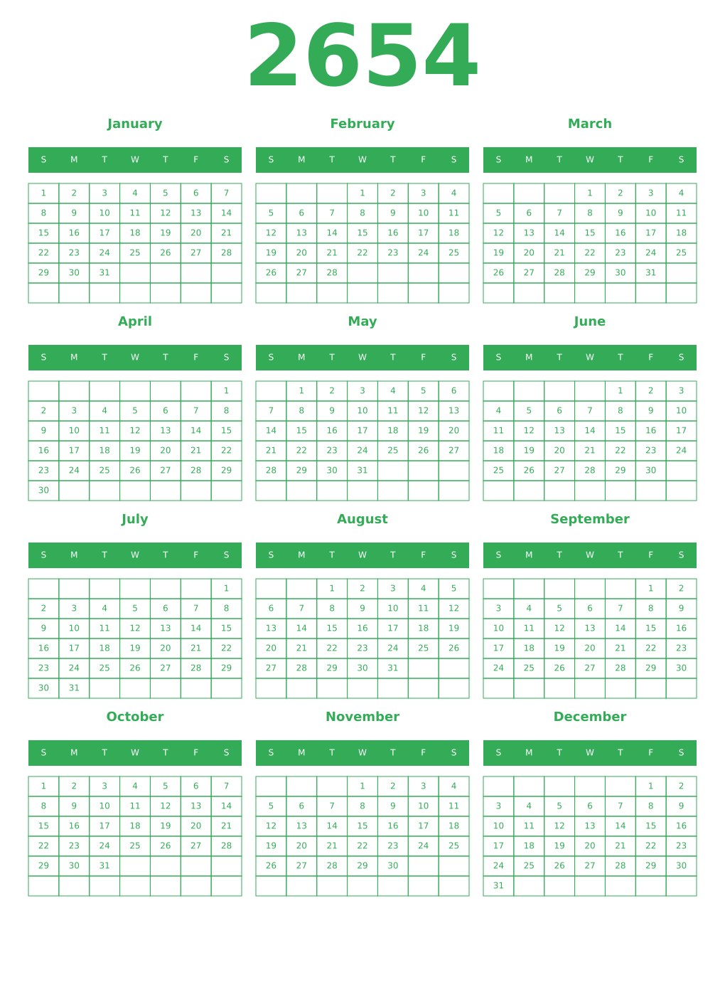 Printable 2654 Year Calendars green