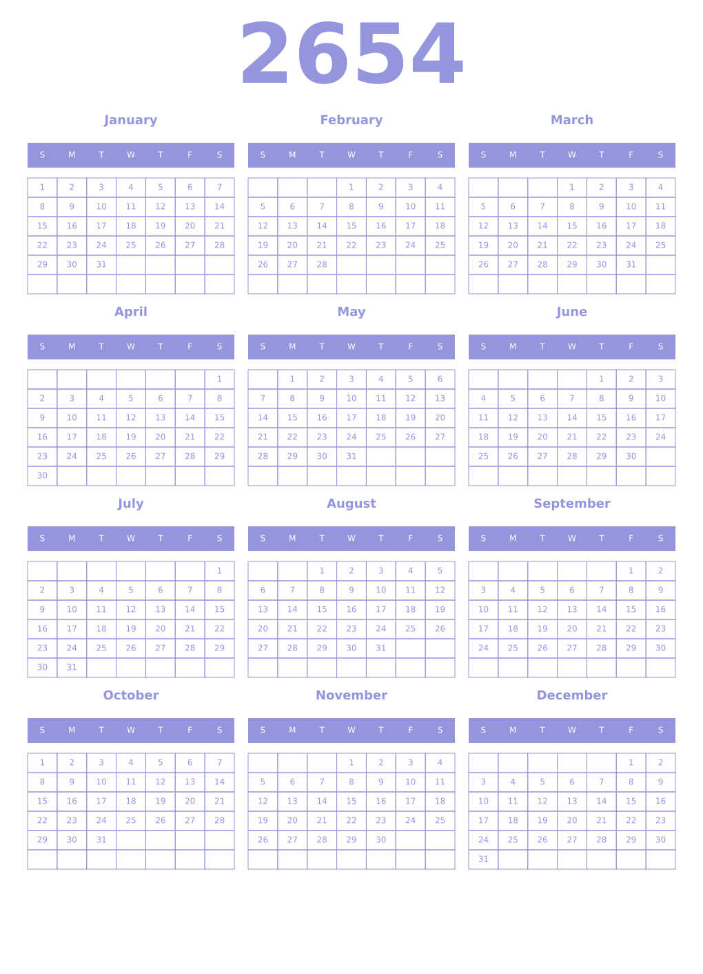 Printable 2654 Year Calendars periwinkle