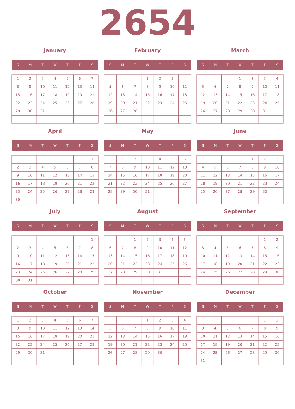 Printable 2654 Year Calendars puce