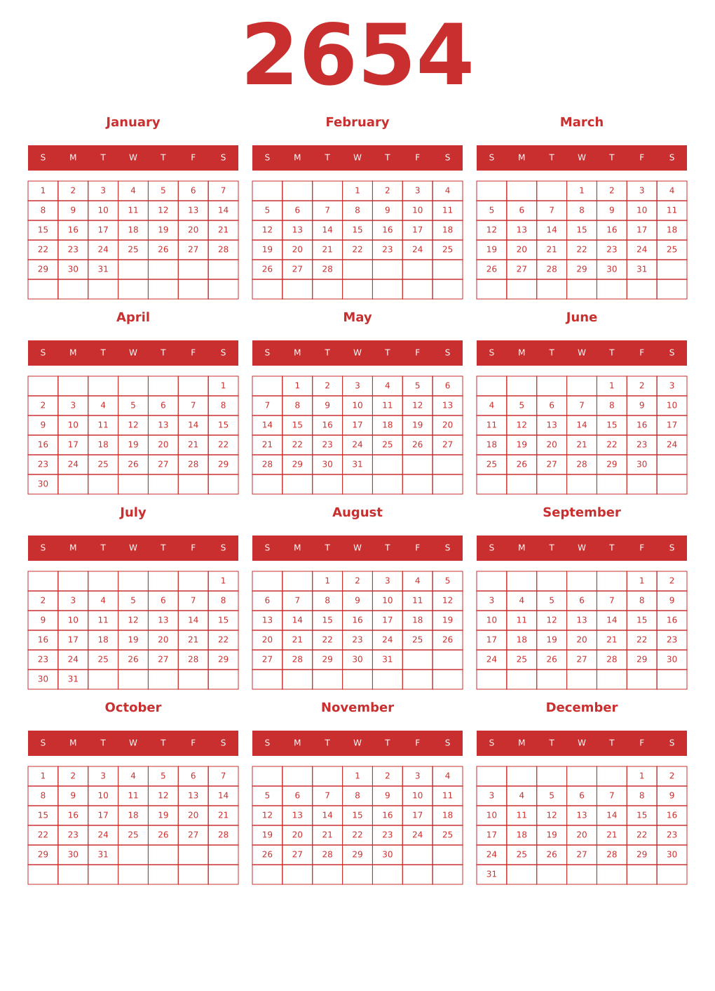 Printable 2654 Year Calendars red