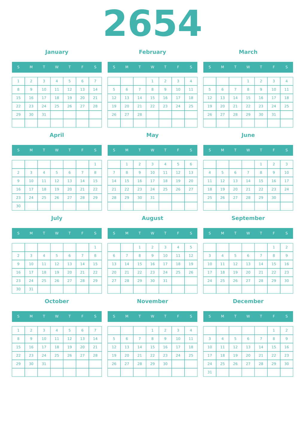 Printable 2654 Year Calendars verdigris