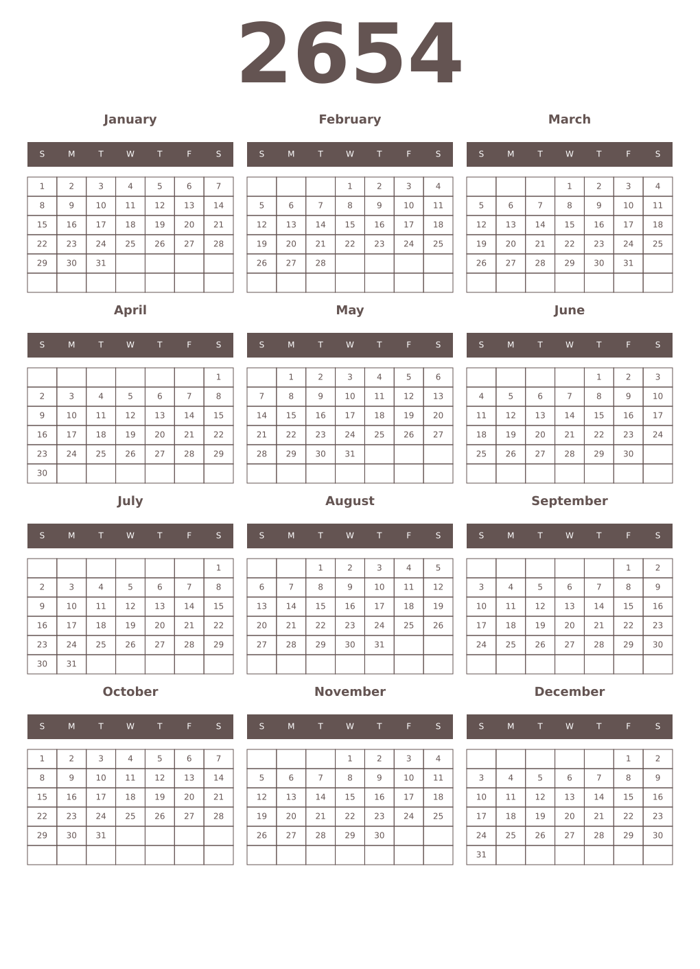 Printable 2654 Year Calendars wenge