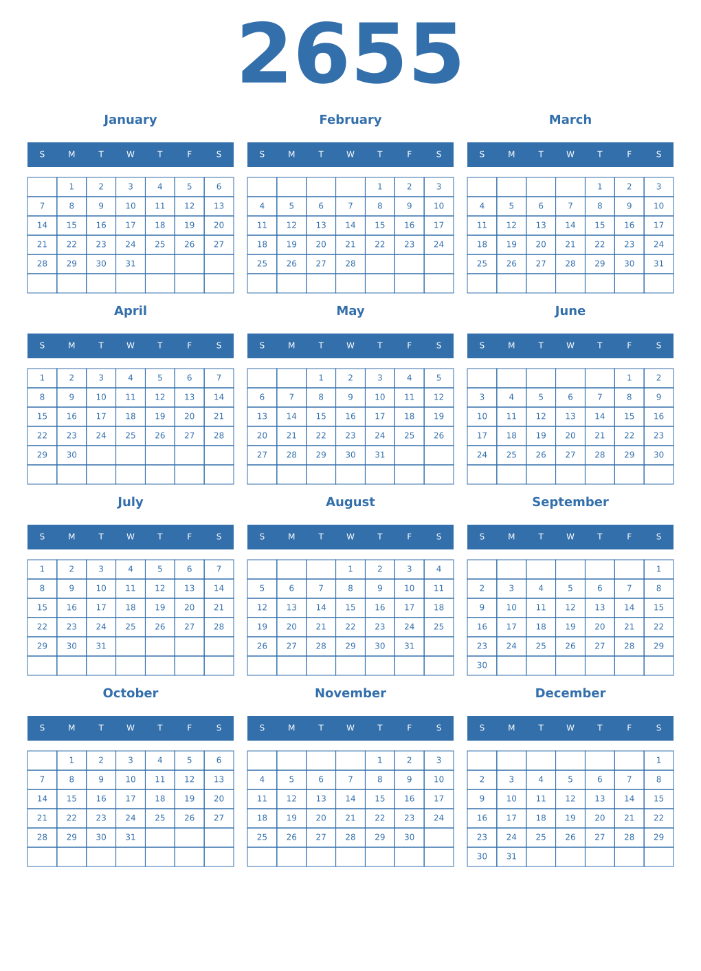 Printable 2655 Year Calendars blue