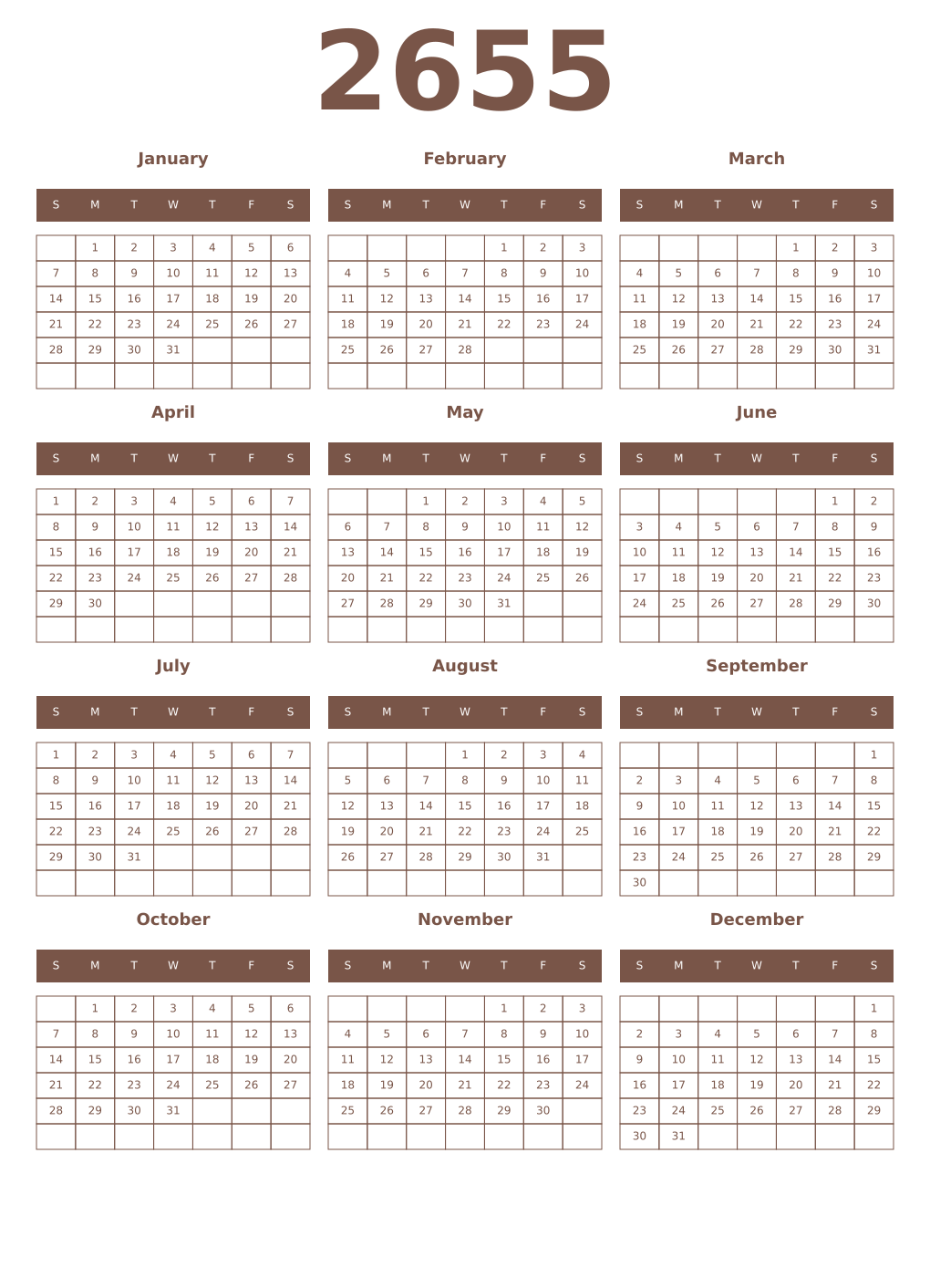 Printable 2655 Year Calendars coffe