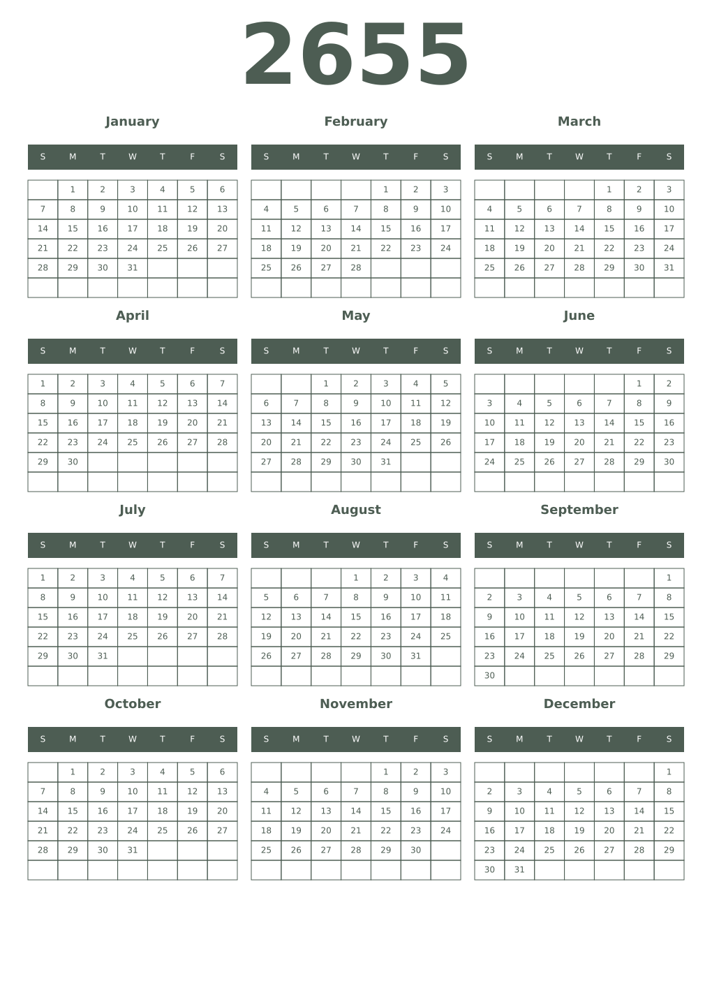 Printable 2655 Year Calendars feldgrau