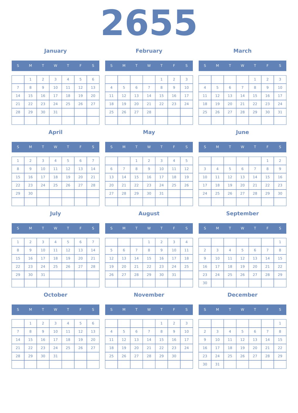 Printable 2655 Year Calendars glaucous
