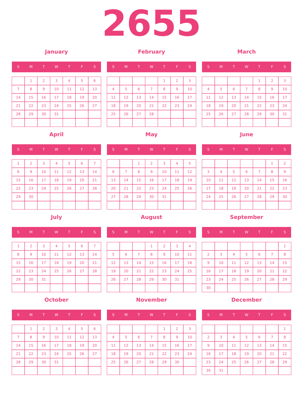 Printable 2655 Year Calendars pink
