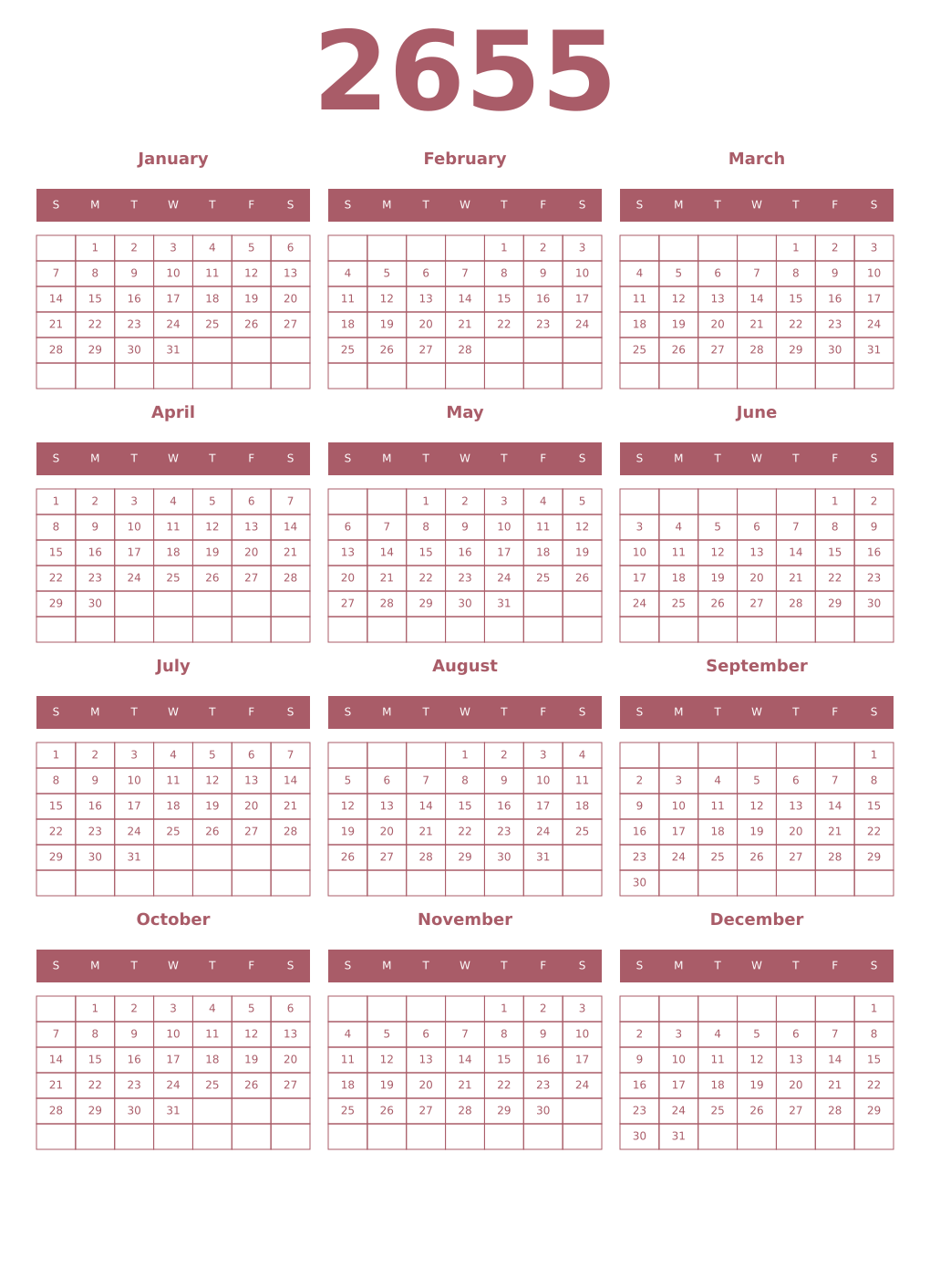 Printable 2655 Year Calendars puce