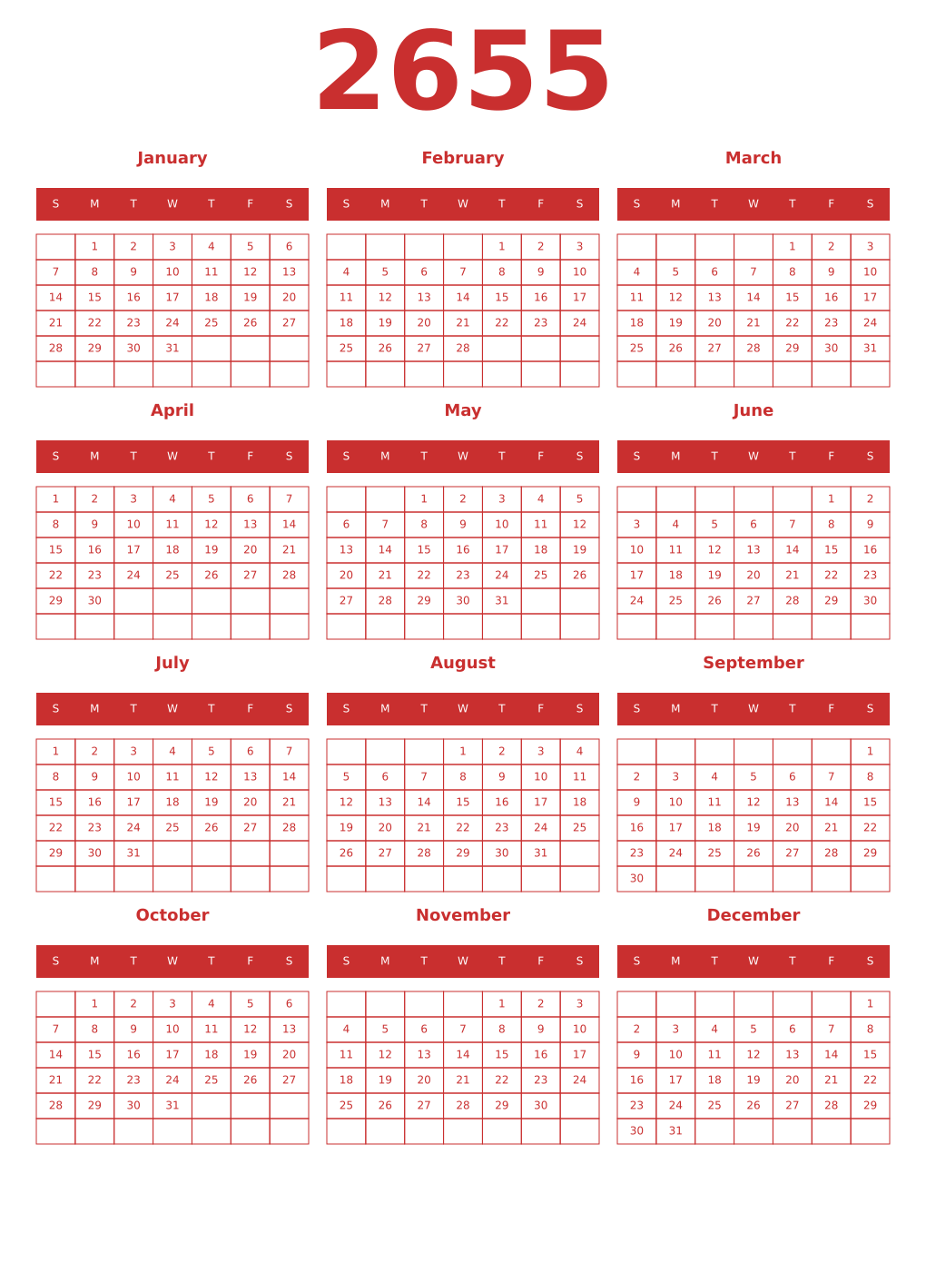 Printable 2655 Year Calendars red