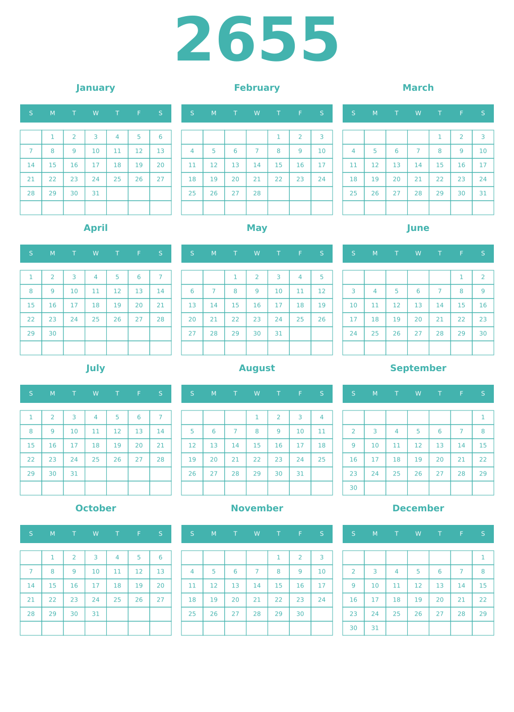Printable 2655 Year Calendars verdigris